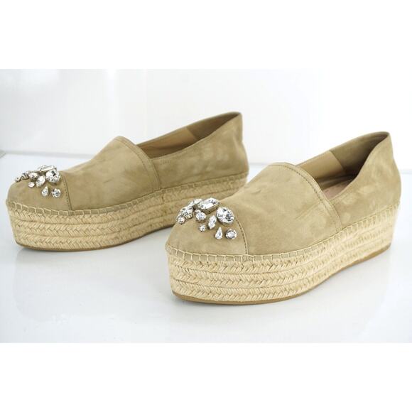 Miu Miu Beige Suede Crystal Jewel Toe Platform Espadrilles SZ 42 12 Slip on $790 - Picture 3 of 12